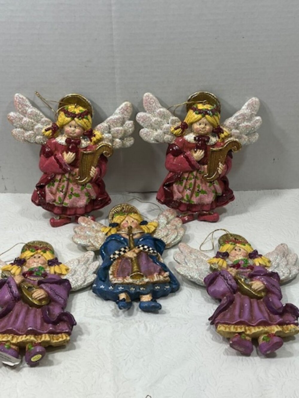 VTG Set 5 Hand Painted Angels w/Musical Instruments Polystone Glitter 5.5"x6.5"